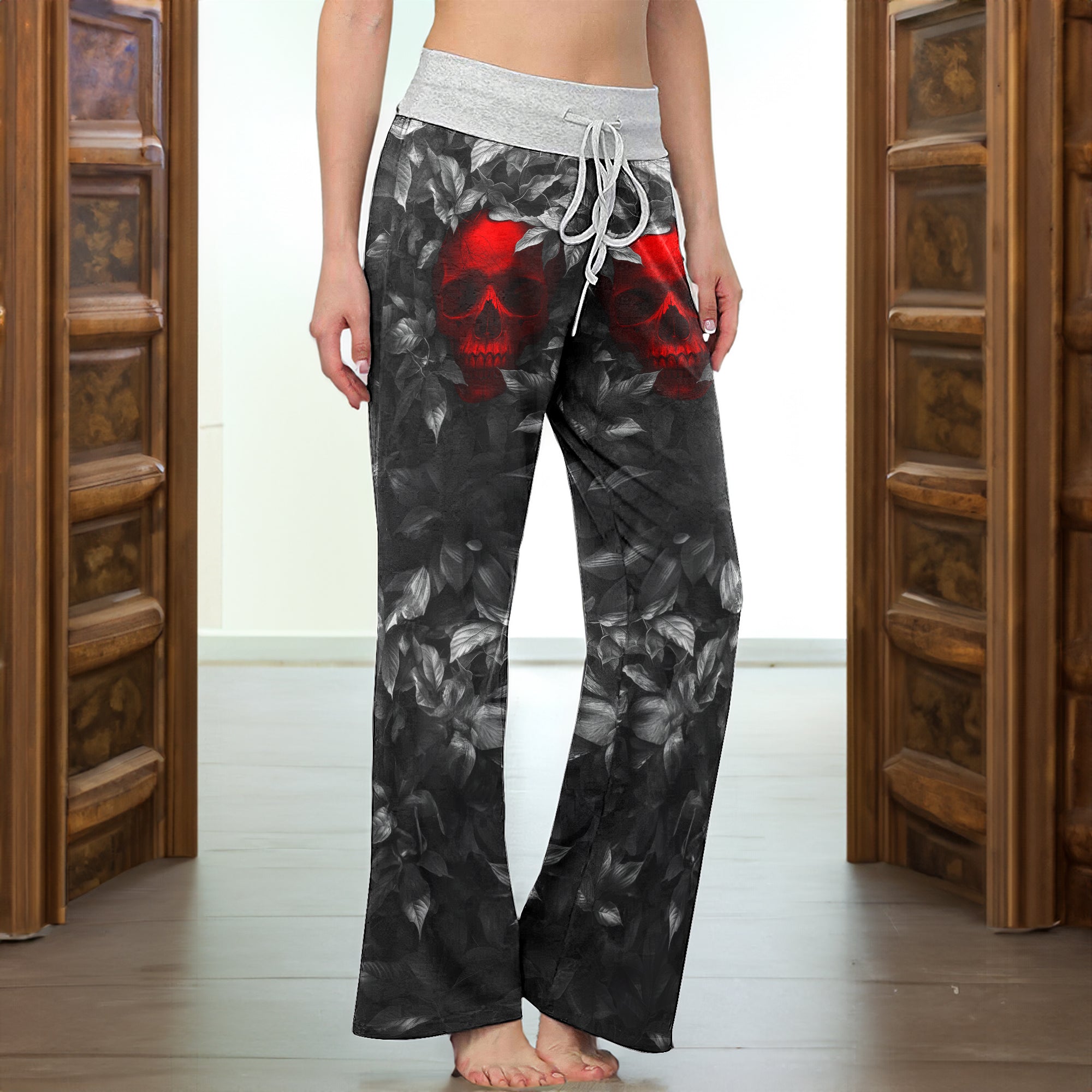 Red Skull Leaf Art Women's High-waisted Wide Leg Pants