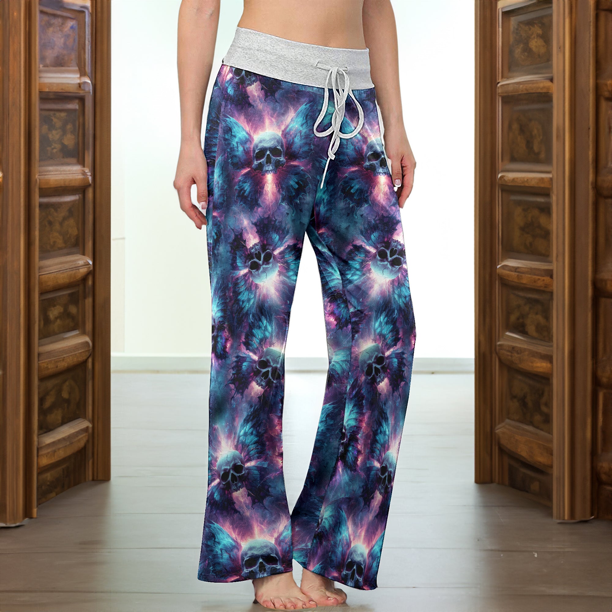 Galaxy Skull Butterfly Pattern Women's High-waisted Wide Leg Pants