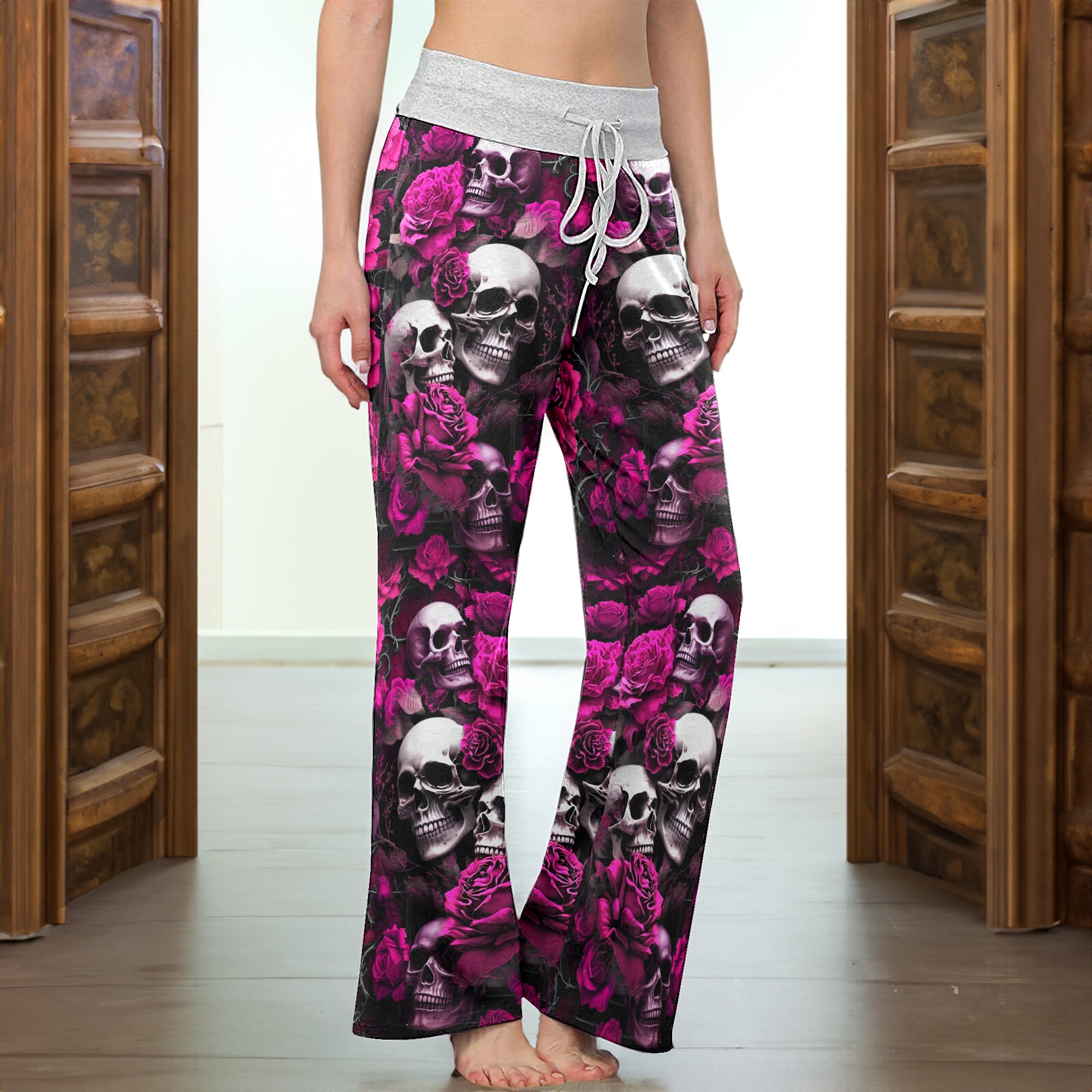 Pink Skull Verdant Whisper Women's High-waisted Wide Leg Pants