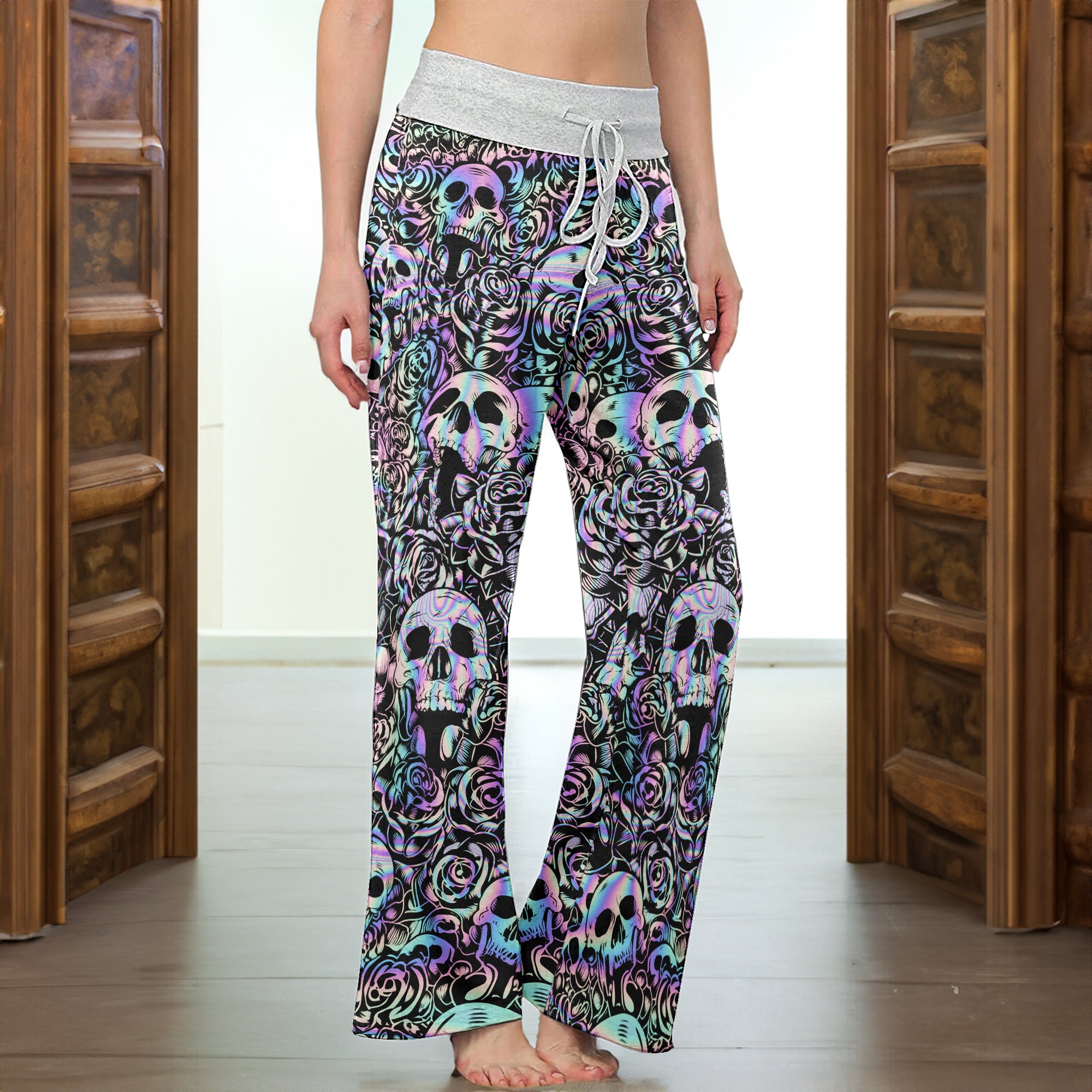 Holographic Skull Rose Women's High-waisted Wide Leg Pants