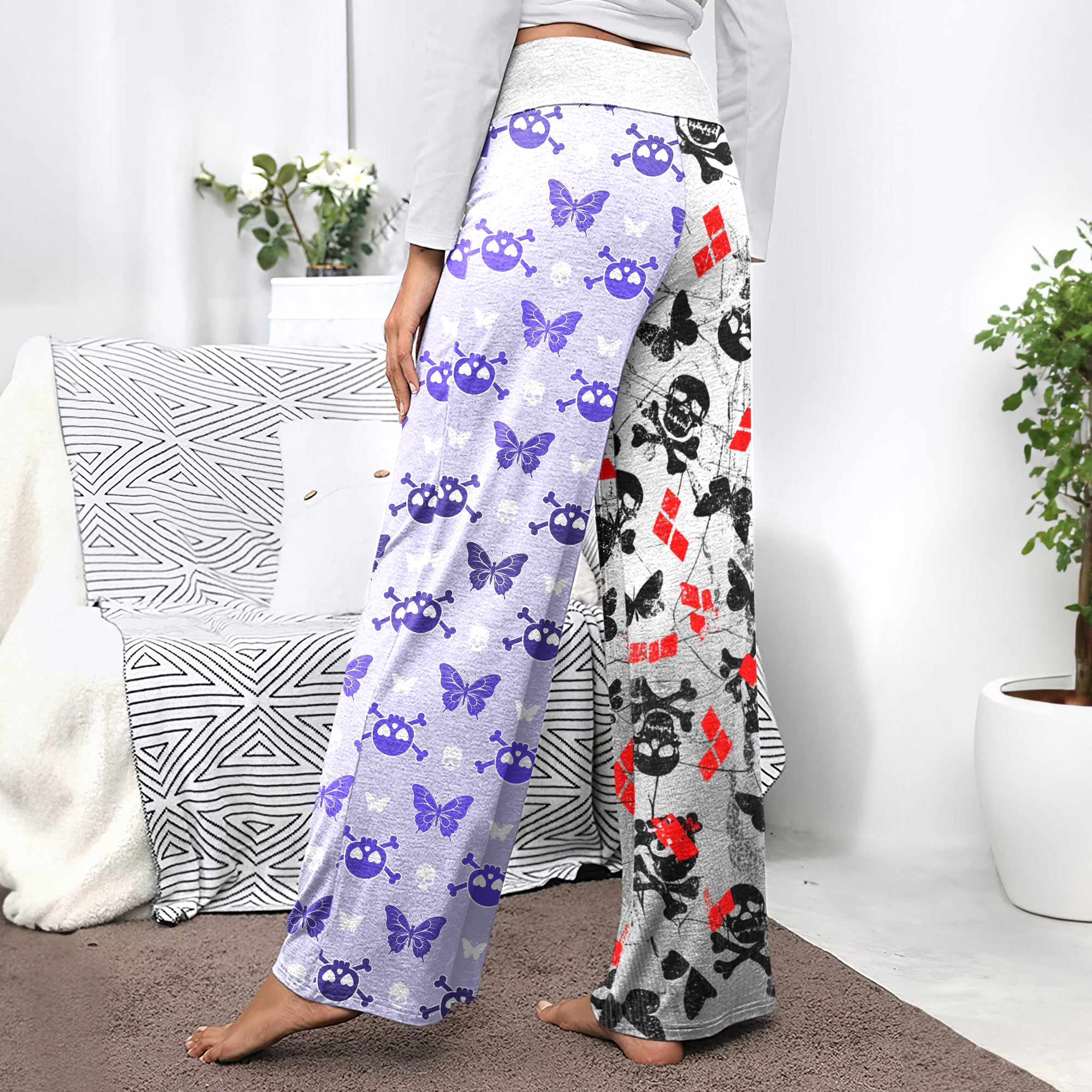 Pastel Skull Butterfly Diamond Women's High-waisted Wide Leg Pants