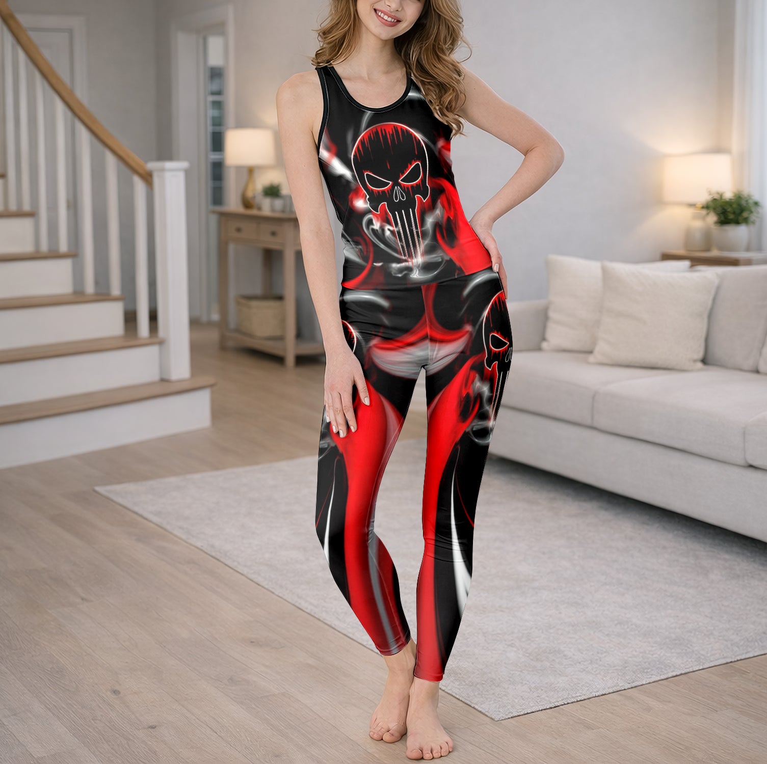 Crimson Smoke Skull Art Tanktop and Leggings