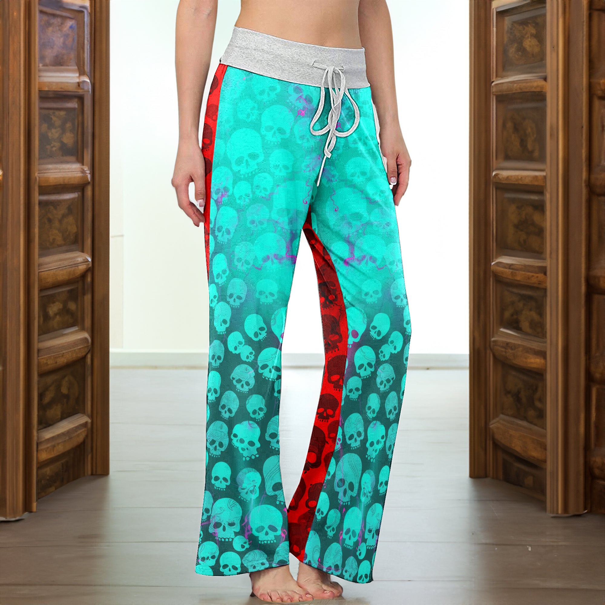 Red Velvet Skull Parade Women's High-waisted Wide Leg Pants