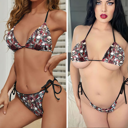 Dark Romance Floral Skull Micro Triangle Bikini Swimsuit