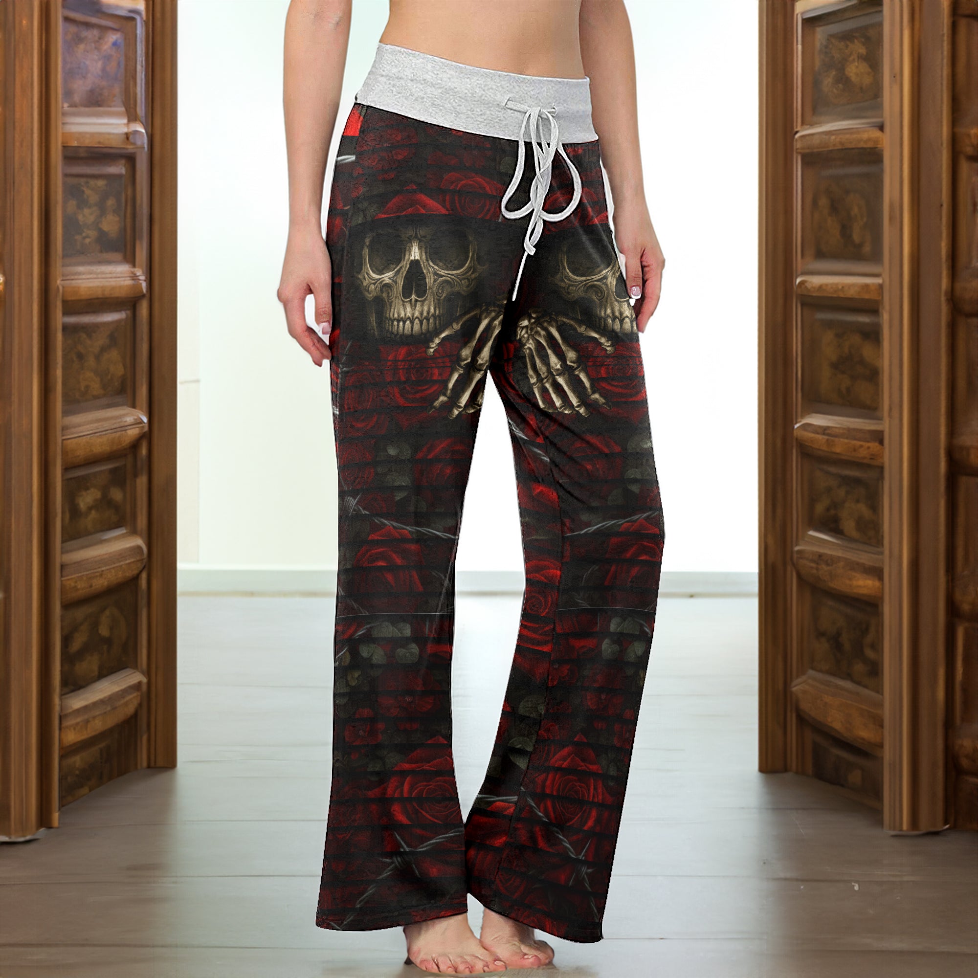 Barbed Heart Skull Rose Women's High-waisted Wide Leg Pants