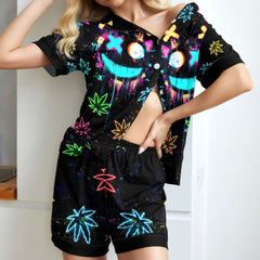 Neon Skull Leaf Art Women's Pajama Sets Top Sleeve & Short Bottom