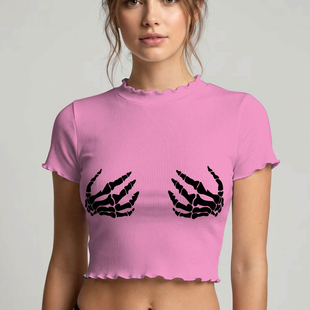 Pink Bone Embrace Mesh Lettuce Edge Crop Top Thong Set