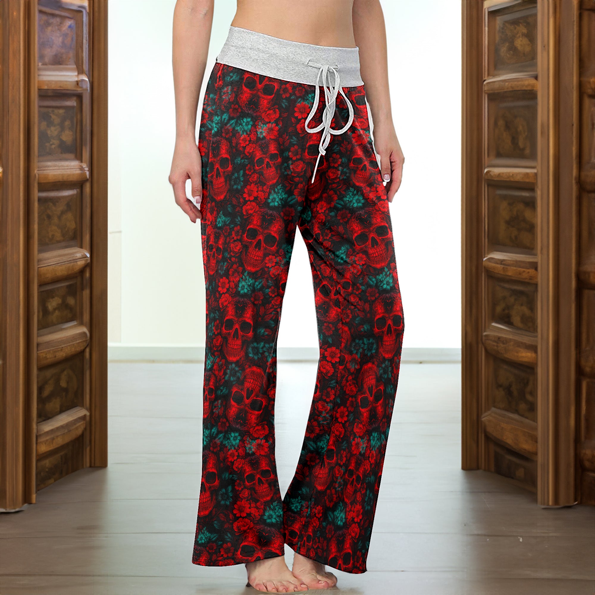 Red Seamless Skull Flower Women's High-waisted Wide Leg Pants