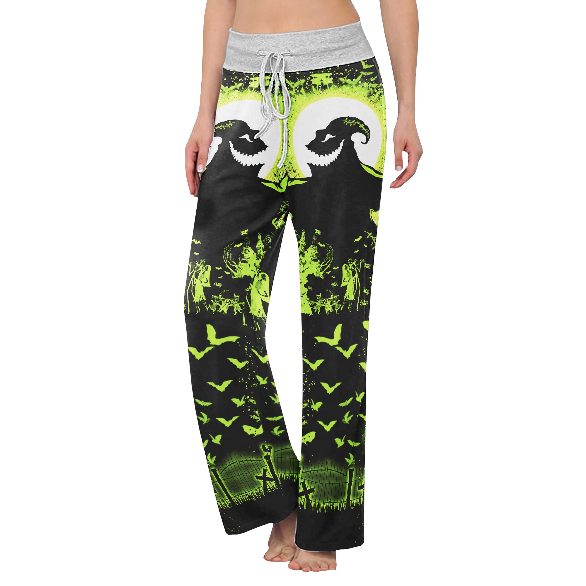 Green Boo Nightmare Theme Women's High-waisted Wide Leg Pants | Wonder Skull