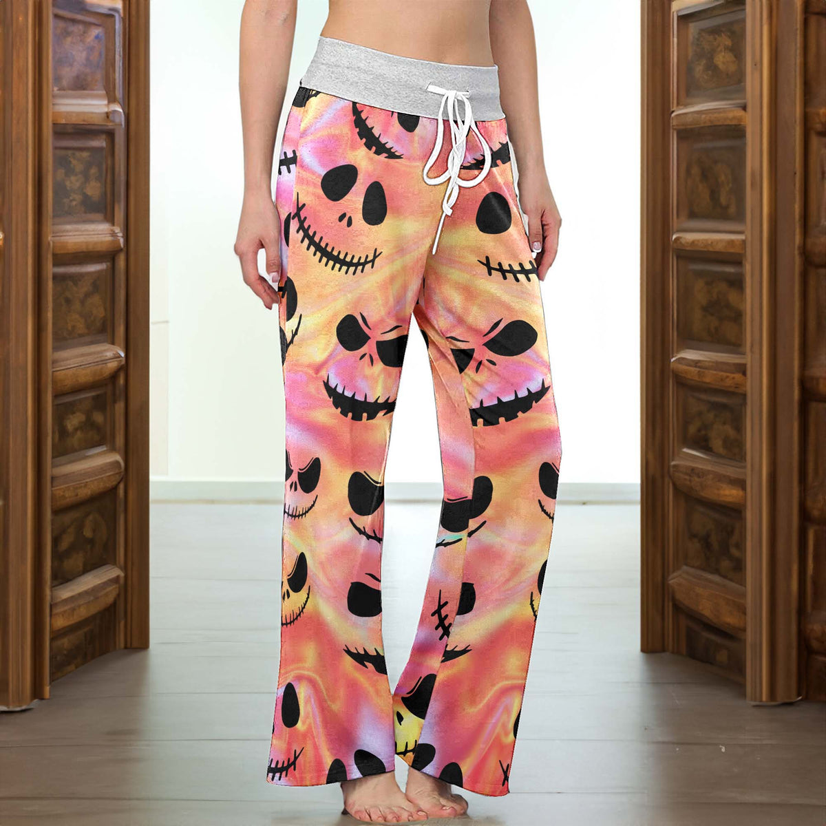 Psychedelic Skulls Pattern Women's High-waisted Wide Leg Pants