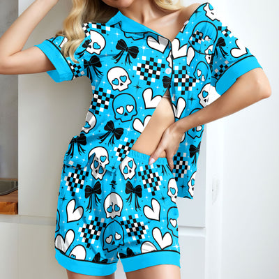 Blue Heart Skull Women's Pajama Sets Top Sleeve & Short Bottom