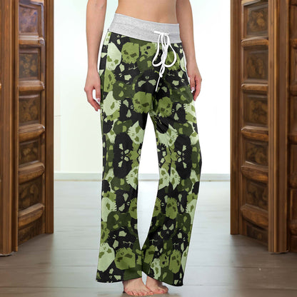 Green Skull Camo Pattern Women's High-waisted Wide Leg Pants