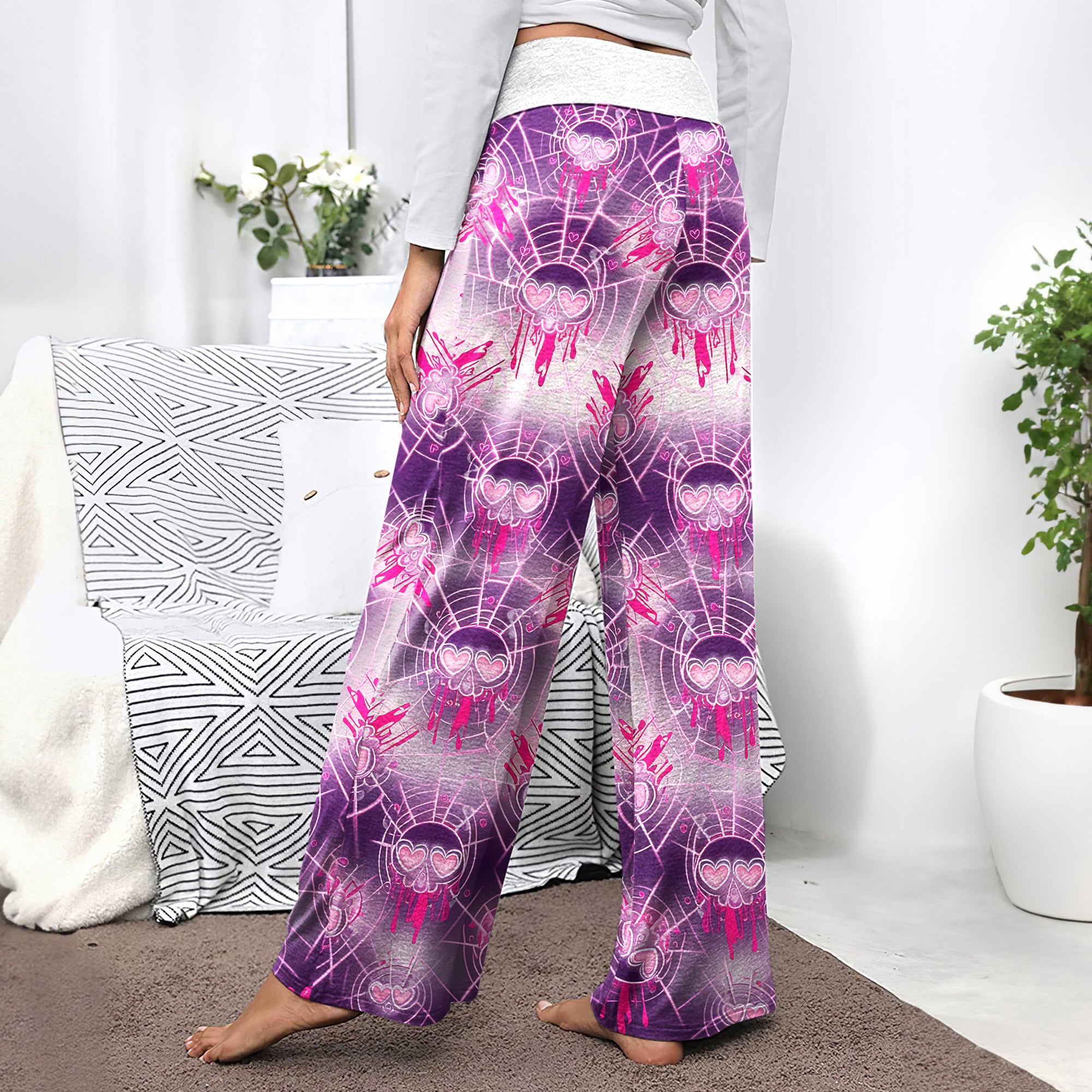Pink Heart Skull Web Women's High-waisted Wide Leg Pants