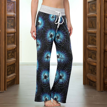Neon Cyan Arachnid Web Women's High-waisted Wide Leg Pants