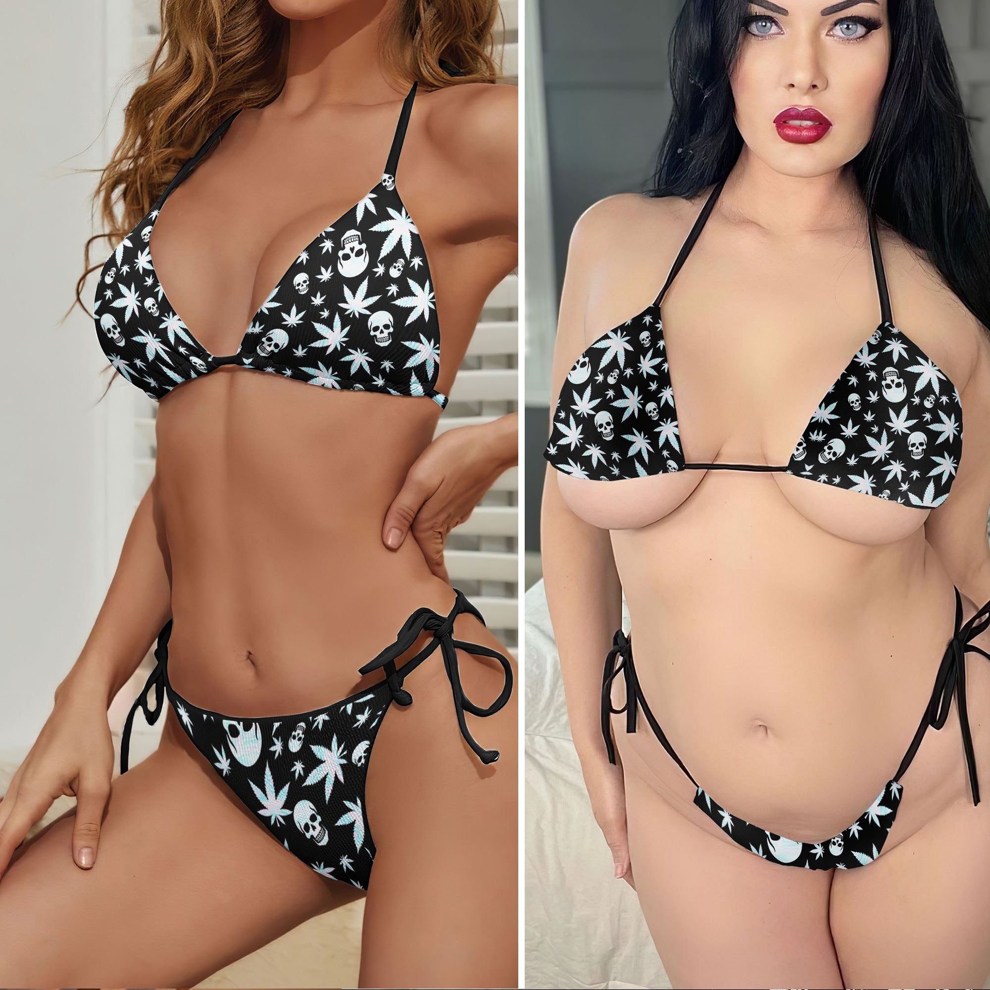 PsySkull Leaf Vibes Pattern Micro Triangle Bikini Swimsuit
