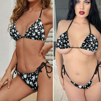 PsySkull Leaf Vibes Pattern Micro Triangle Bikini Swimsuit