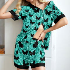 Cyan Paisley Butterfly Women's Pajama Sets Top Sleeve & Short Bottom