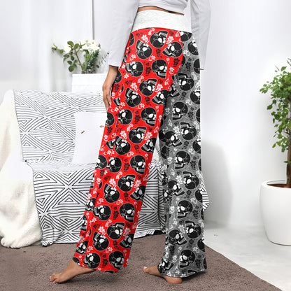 Red Retro Skull Bloom Women's High-waisted Wide Leg Pants