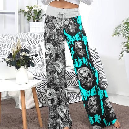 White Cyan Art Theme Women's High-waisted Wide Leg Pants | Wonder Skull