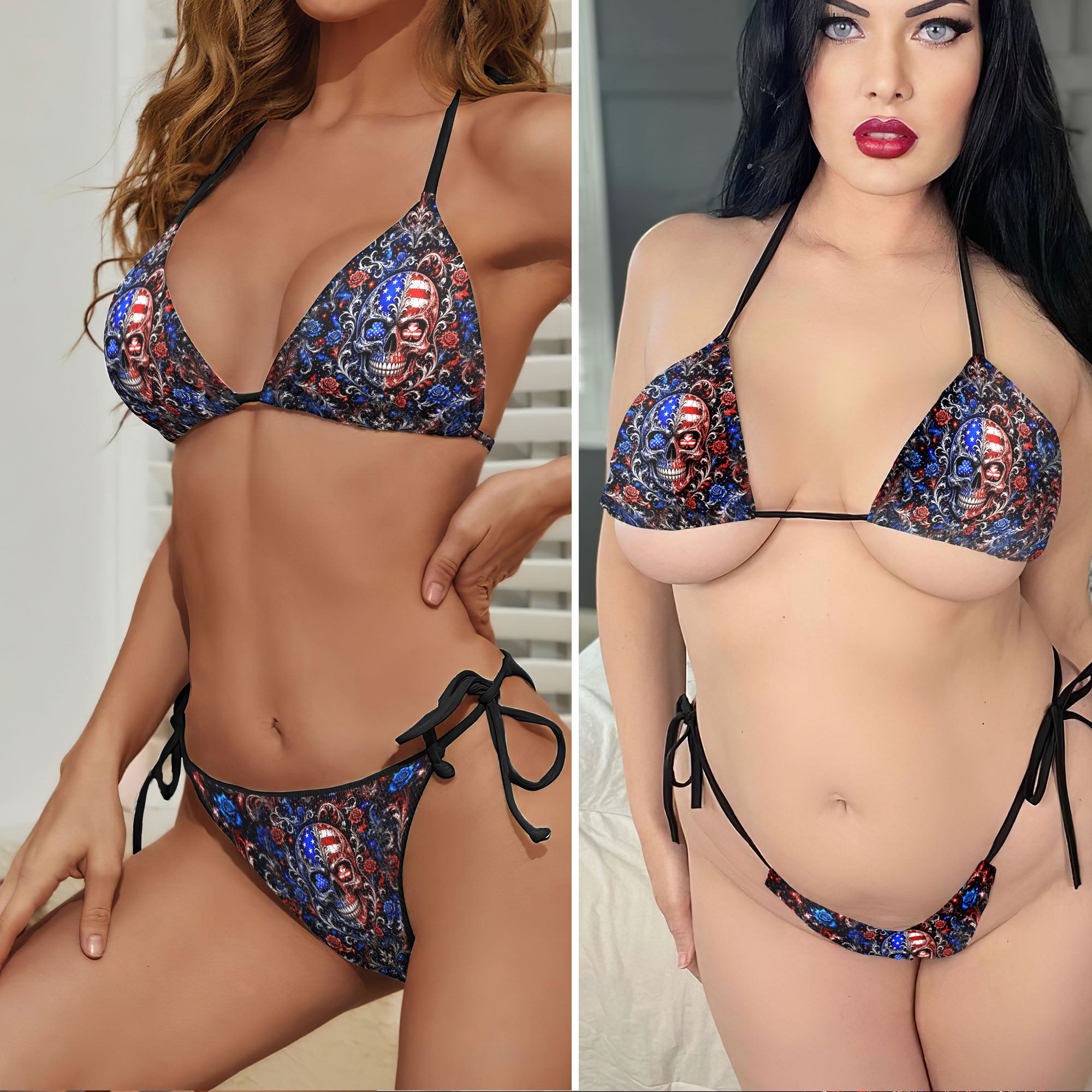 Patriotic Skull Art Micro Triangle Bikini Swimsuit