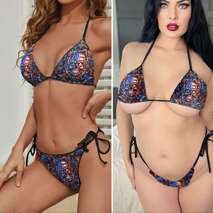 Patriotic Skull Art Micro Triangle Bikini Swimsuit