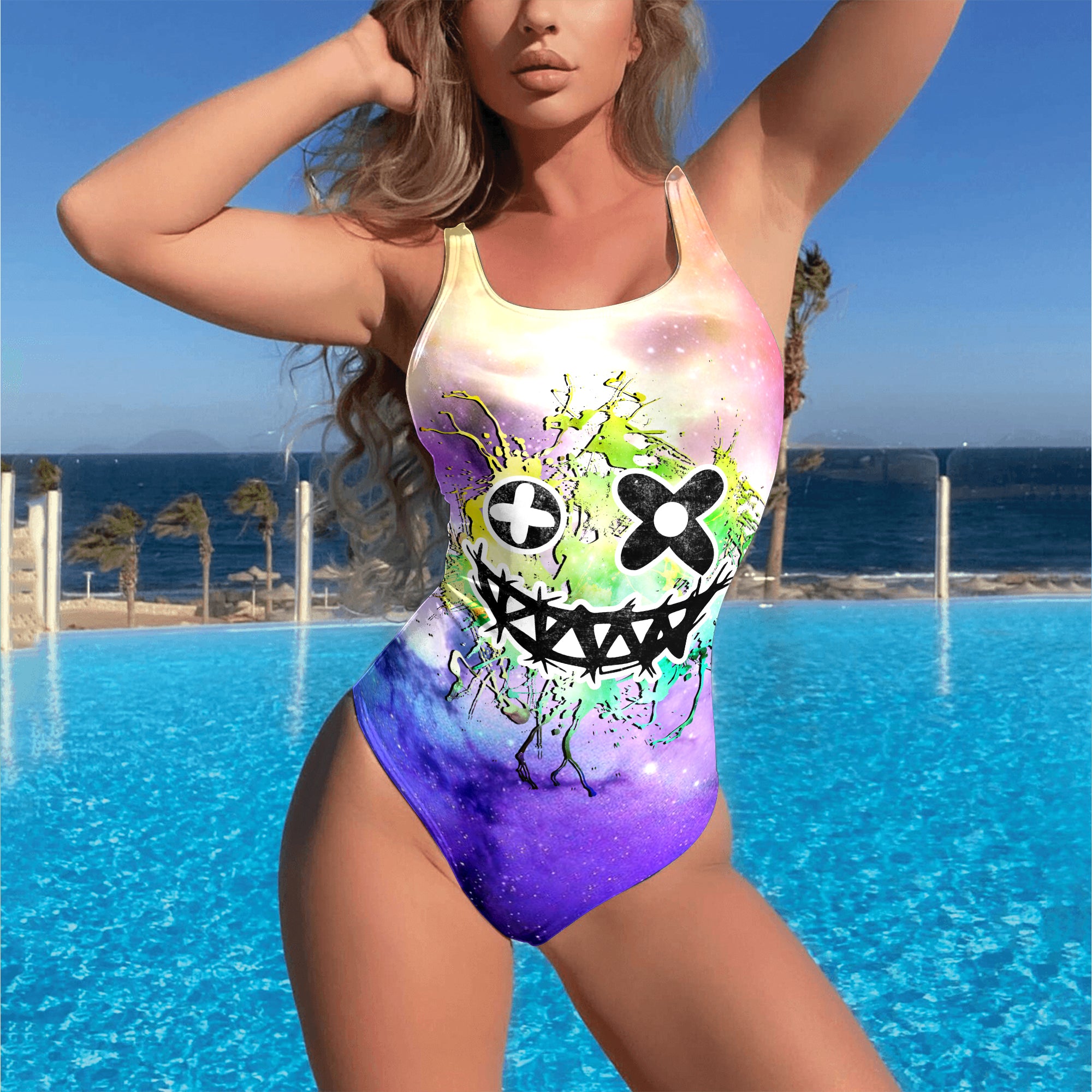 One Piece Bikini Rainbow Graffiti Skull Print Swimwear