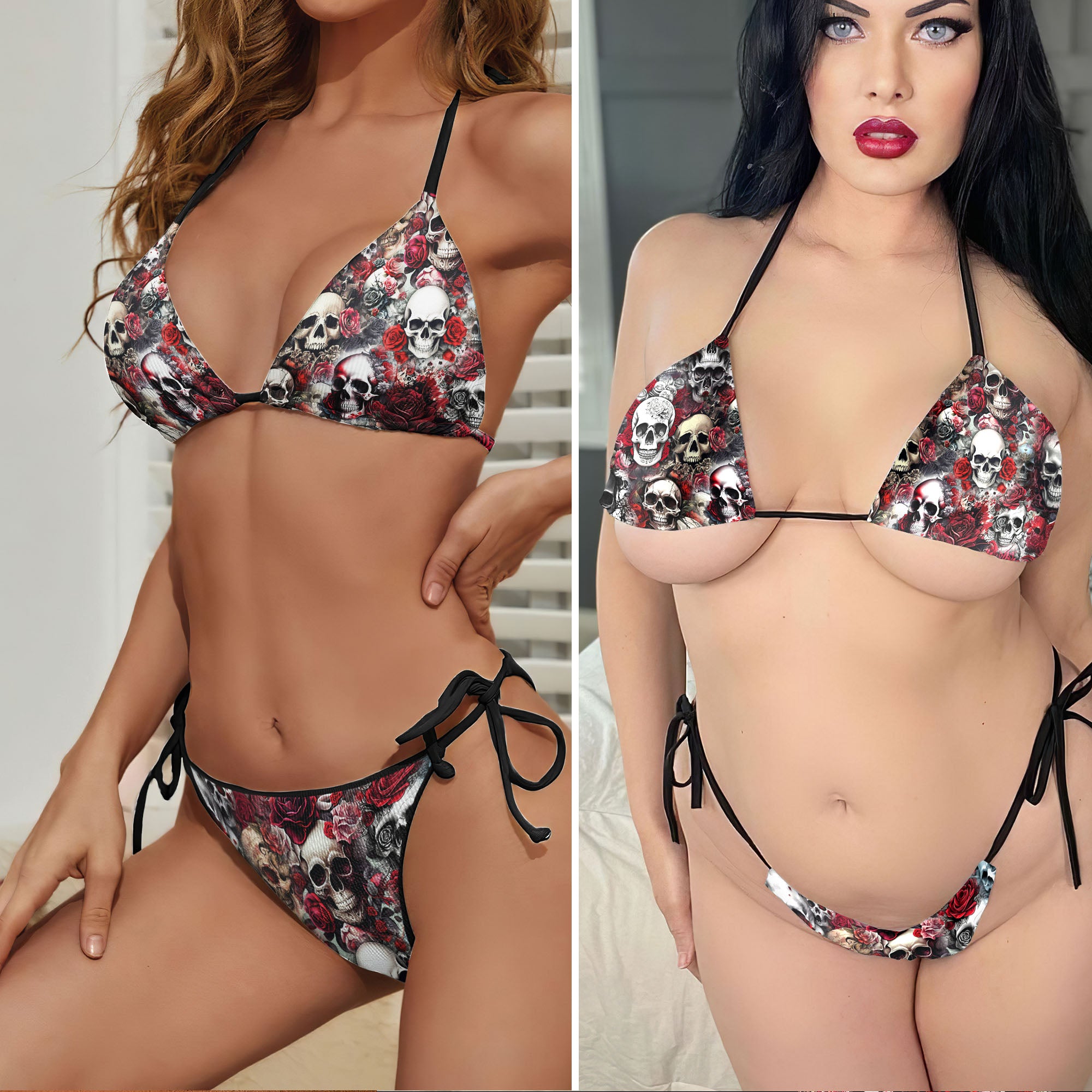 Red Skull Roses Gohic Micro Triangle Bikini Swimsuit