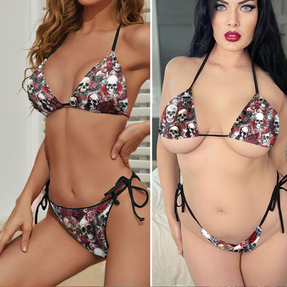 Red Skull Roses Gohic Micro Triangle Bikini Swimsuit