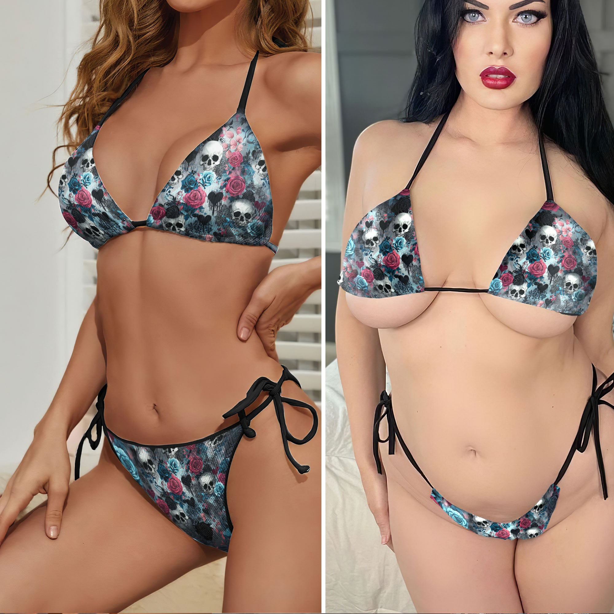 Floral Abstract Skull Micro Triangle Bikini Swimsuit