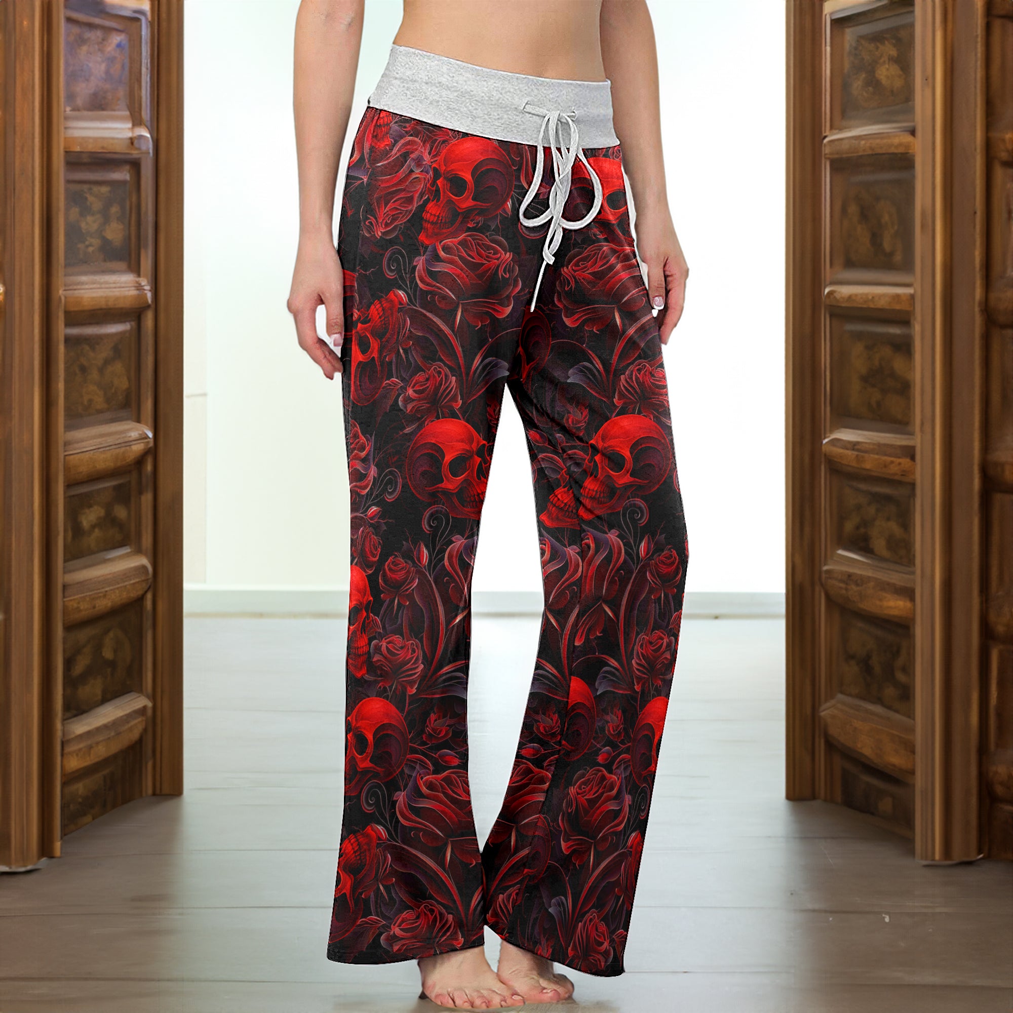 Red Skull & Rose Tapestry Women's High-waisted Wide Leg Pants