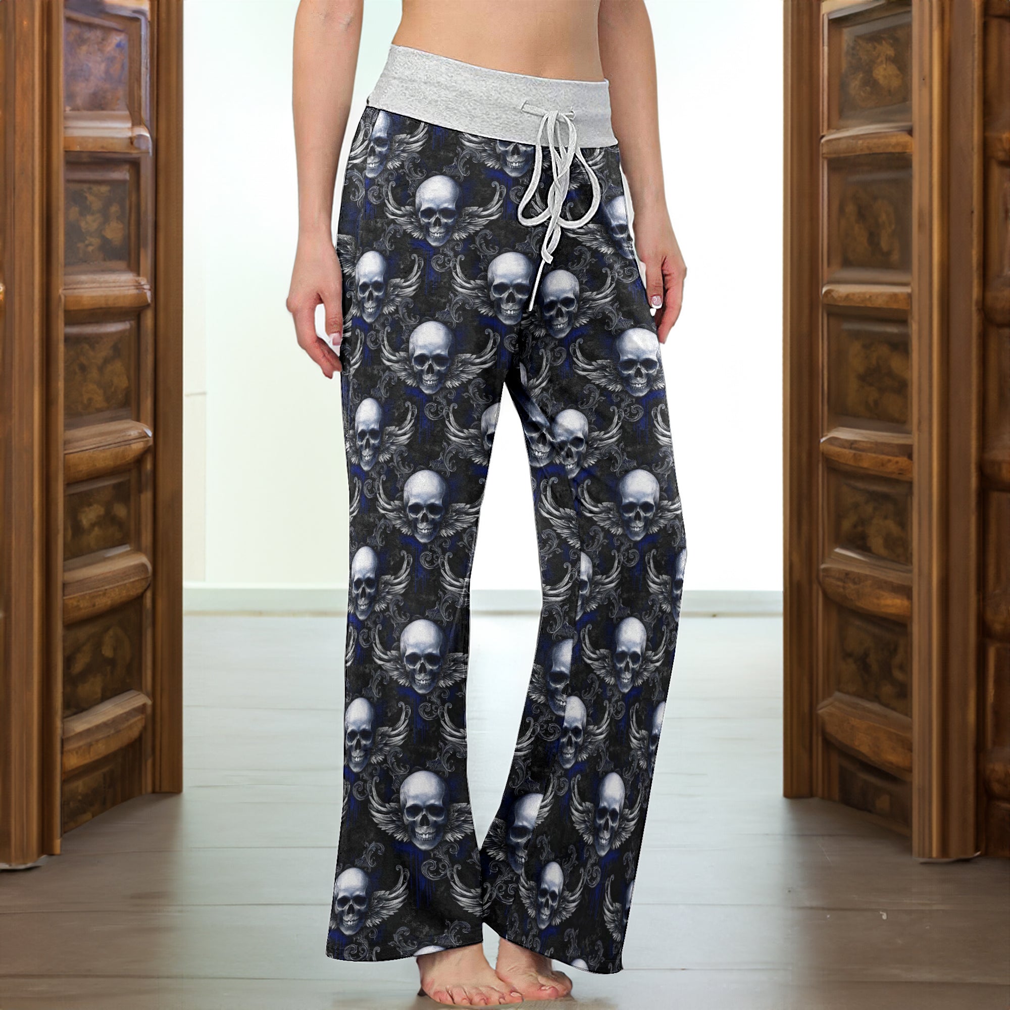 Gothic Winged Skull Damask Women's High-waisted Wide Leg Pants