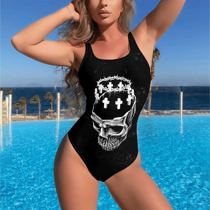 One Piece Bikini Black Crowned Skull Print Swimwear
