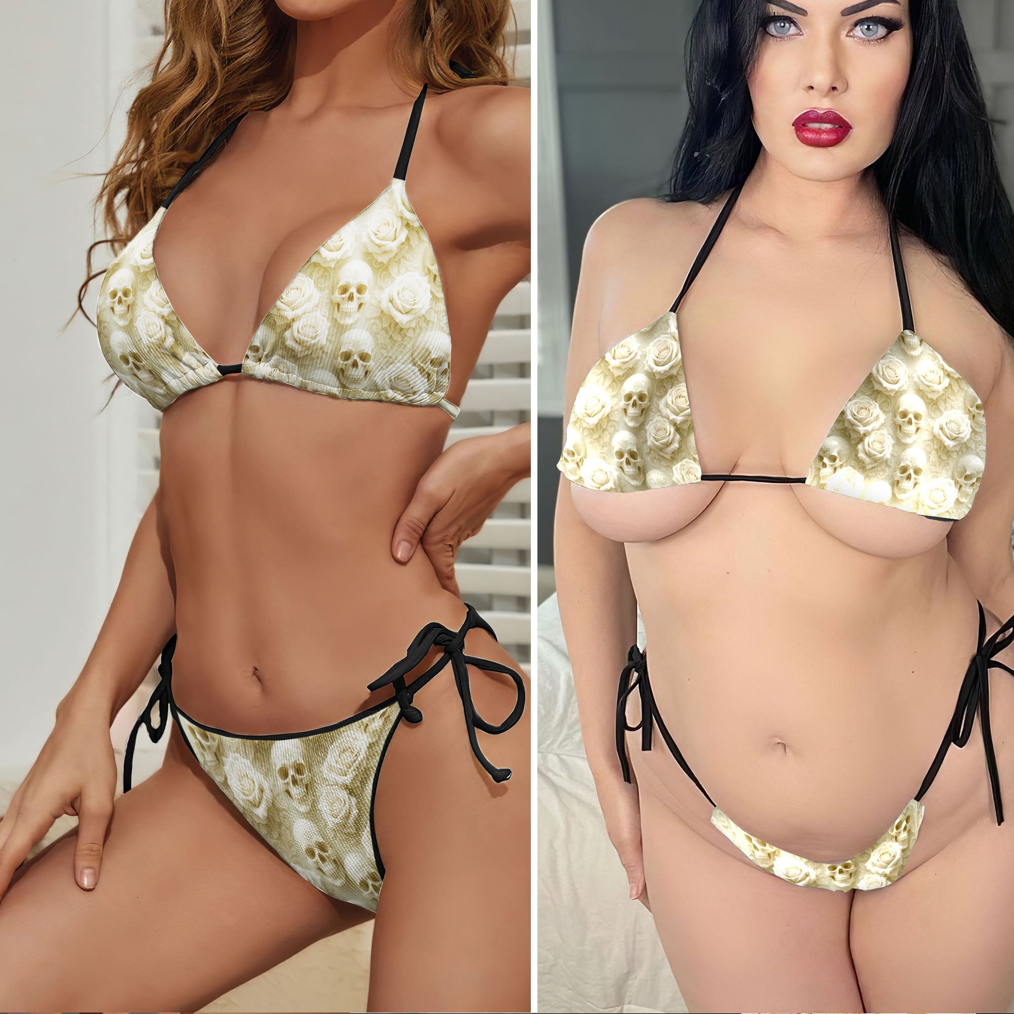 Ivory Afterlife Skull Pattern Micro Triangle Bikini Swimsuit