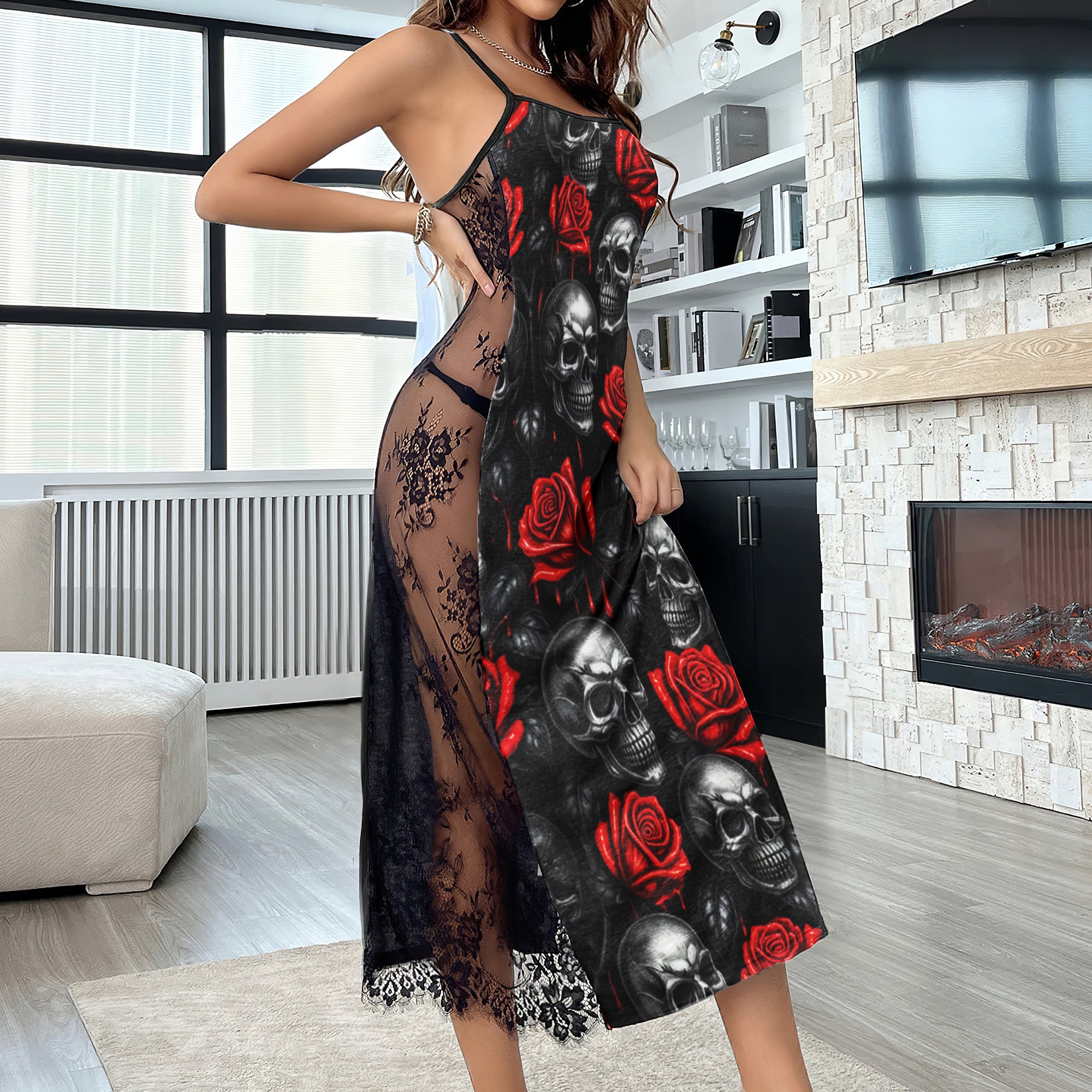 Metal Skull Rose Pattern Women's Lace Cami Sleepwear