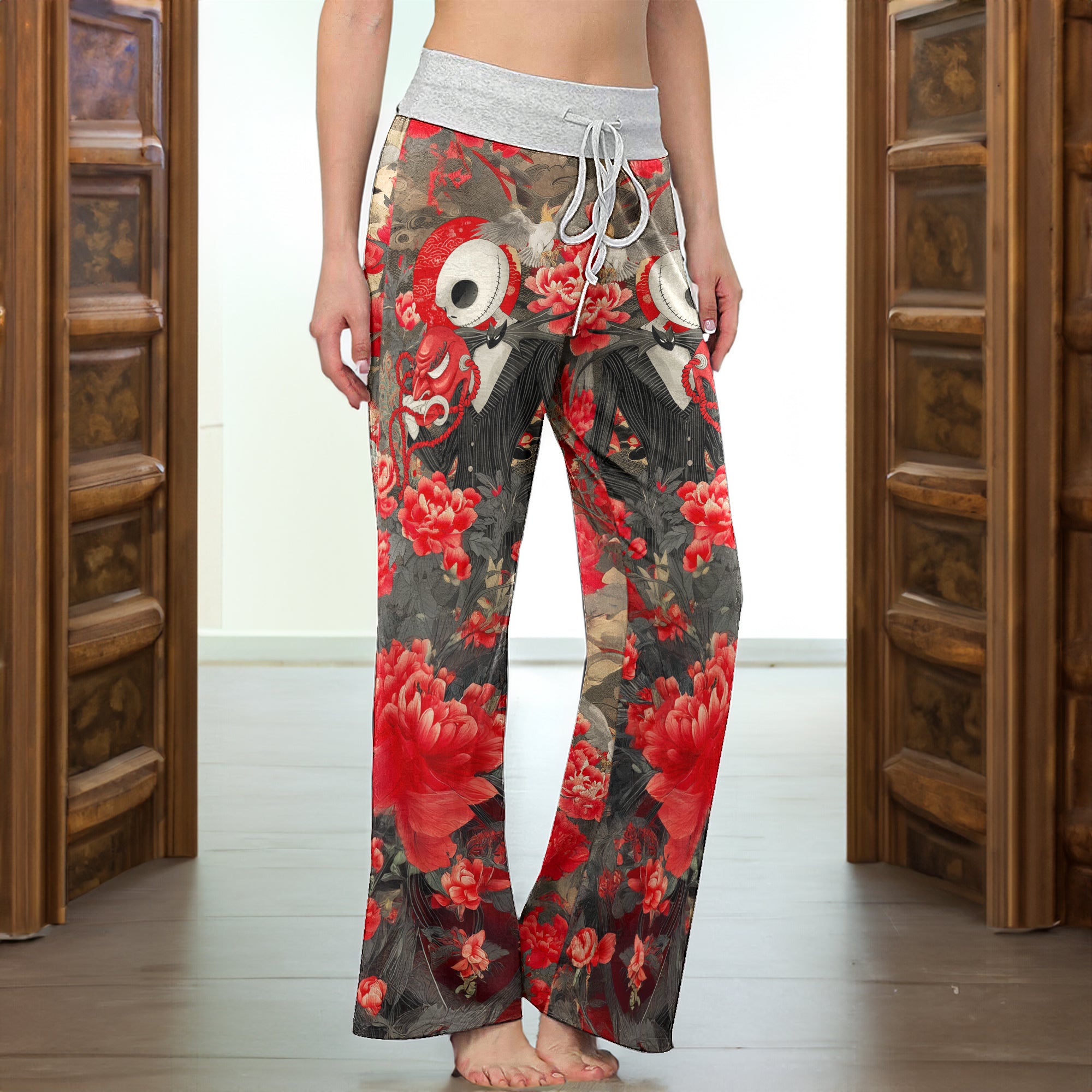 Red Masked Skeleton Amidst Women's High-waisted Wide Leg Pants