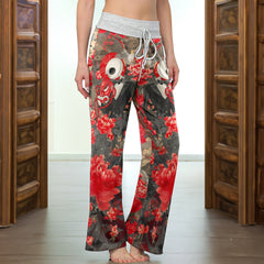 Red Masked Skeleton Amidst Women's High-waisted Wide Leg Pants