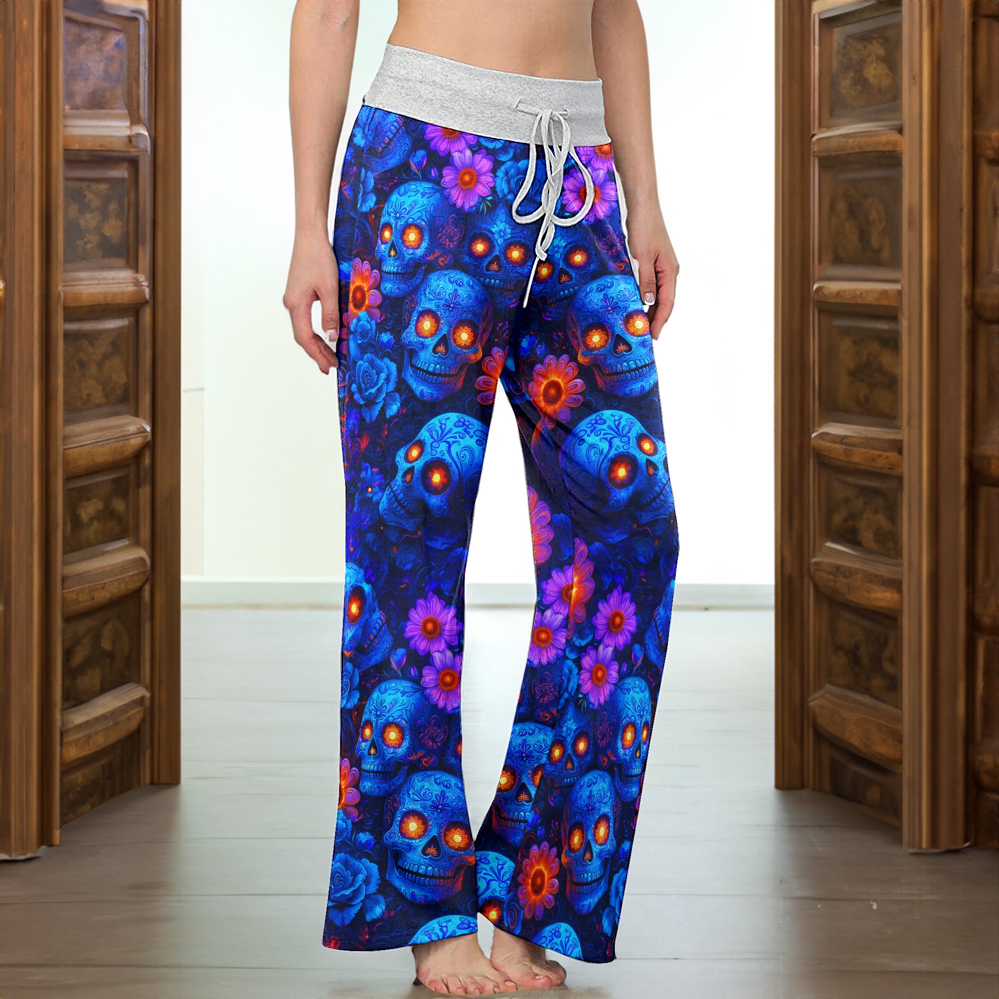 Blue Skull Pattern Women's High-waisted Wide Leg Pants