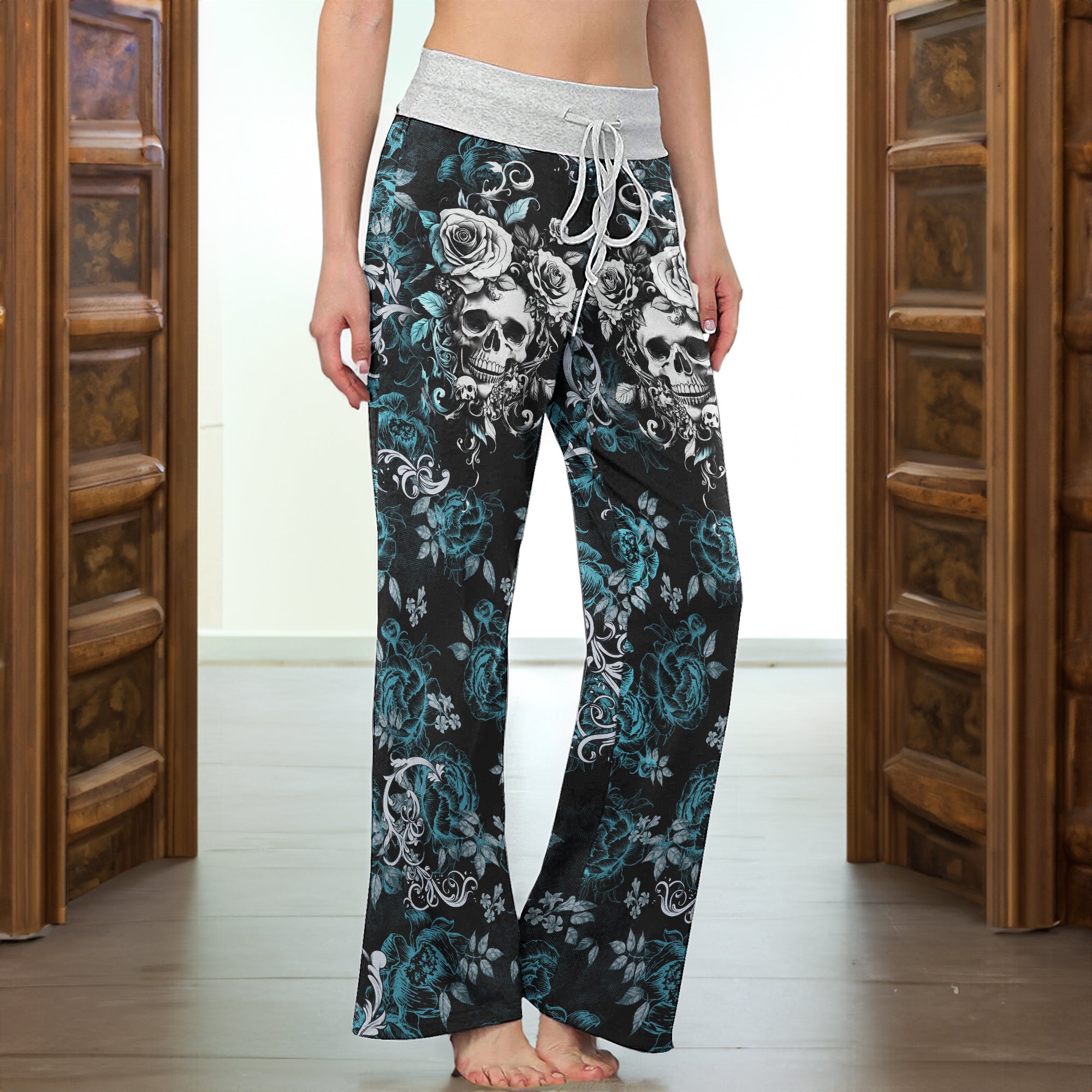 Cyan Skull Rose Floral Women's High-waisted Wide Leg Pants