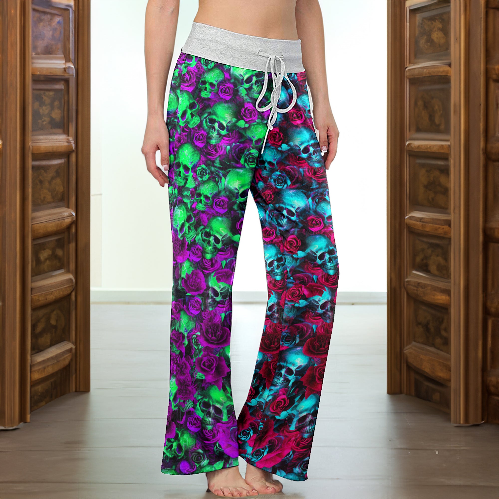 Gradient Skull Flower Dream Women's High-waisted Wide Leg Pants
