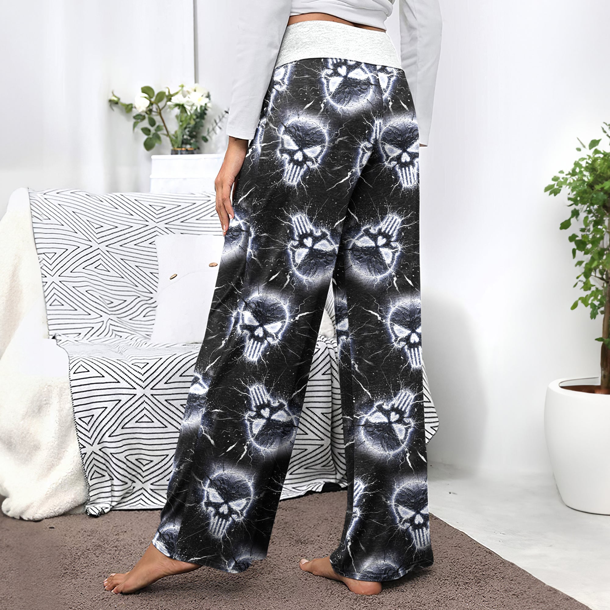 Neon Storm Skeleton Head Women's High-waisted Wide Leg Pants