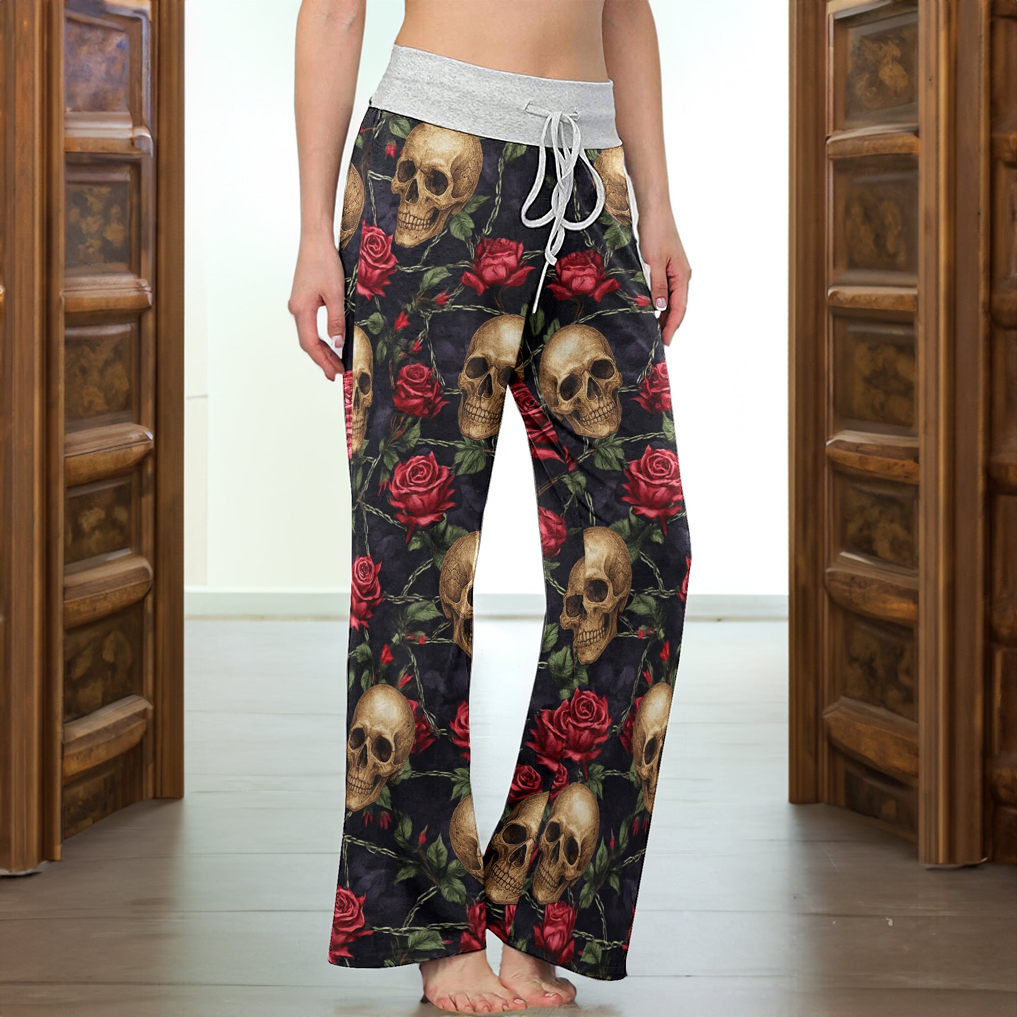 Gothic Skull Rose Art Women's High-waisted Wide Leg Pants