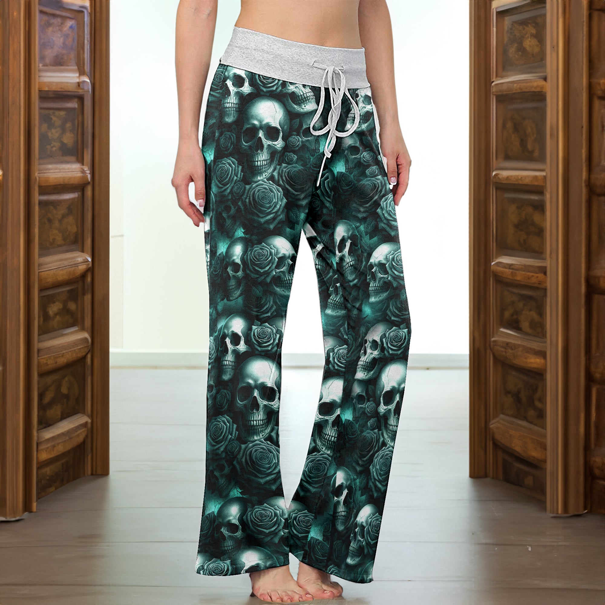 Dark Skull Rose Pattern Women's High-waisted Wide Leg Pants