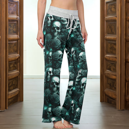 Dark Skull Rose Pattern Women's High-waisted Wide Leg Pants