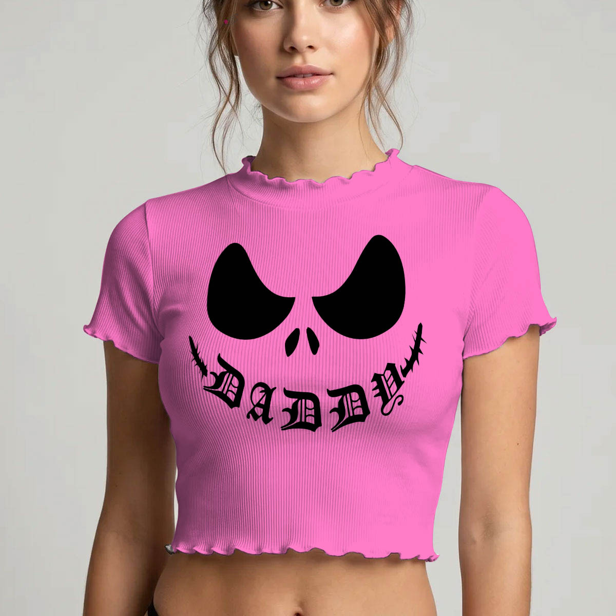 Wonder Skull  sheer mesh crop top and thong set delivers the perfect balance of comfortable and confident. Ultra-lightweight mesh fabric breathes freely against your skin while stretching gently to hug your natural curves without any restrictive squeezing. Playful lettuce edge trim at the neckline, sleeves, and hem adds cute feminine detail with soft ruffled texture. The flattering cropped length hits perfectly above your waist, creating an elongated silhouette that makes you feel amazing. Whether you're we