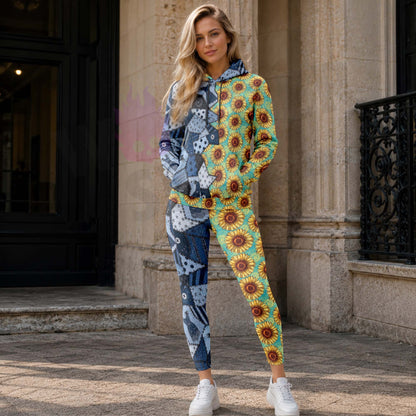 Women Hoodie and Leggings, Blue Night Blooms Pattern Outwear Pants Outfit