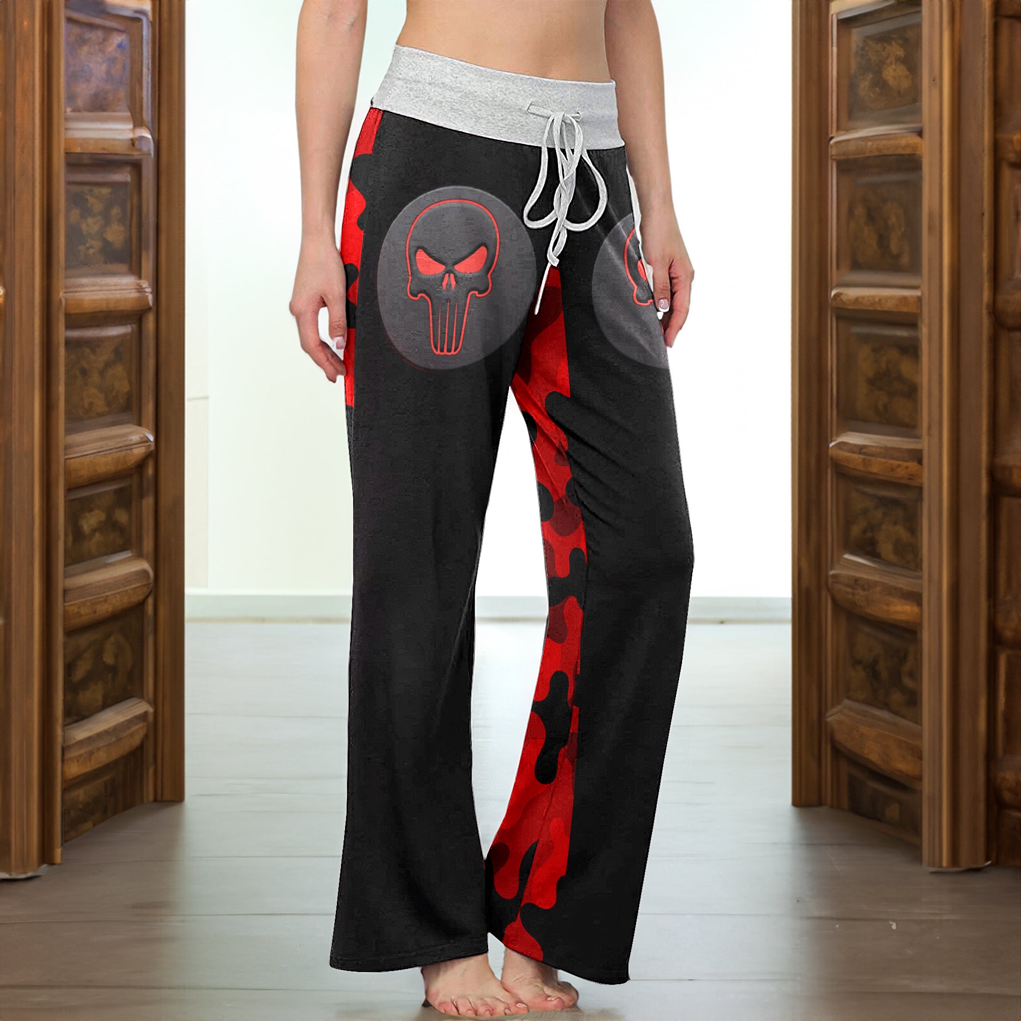 Red Camo Skull Medallion Women's High-waisted Wide Leg Pants