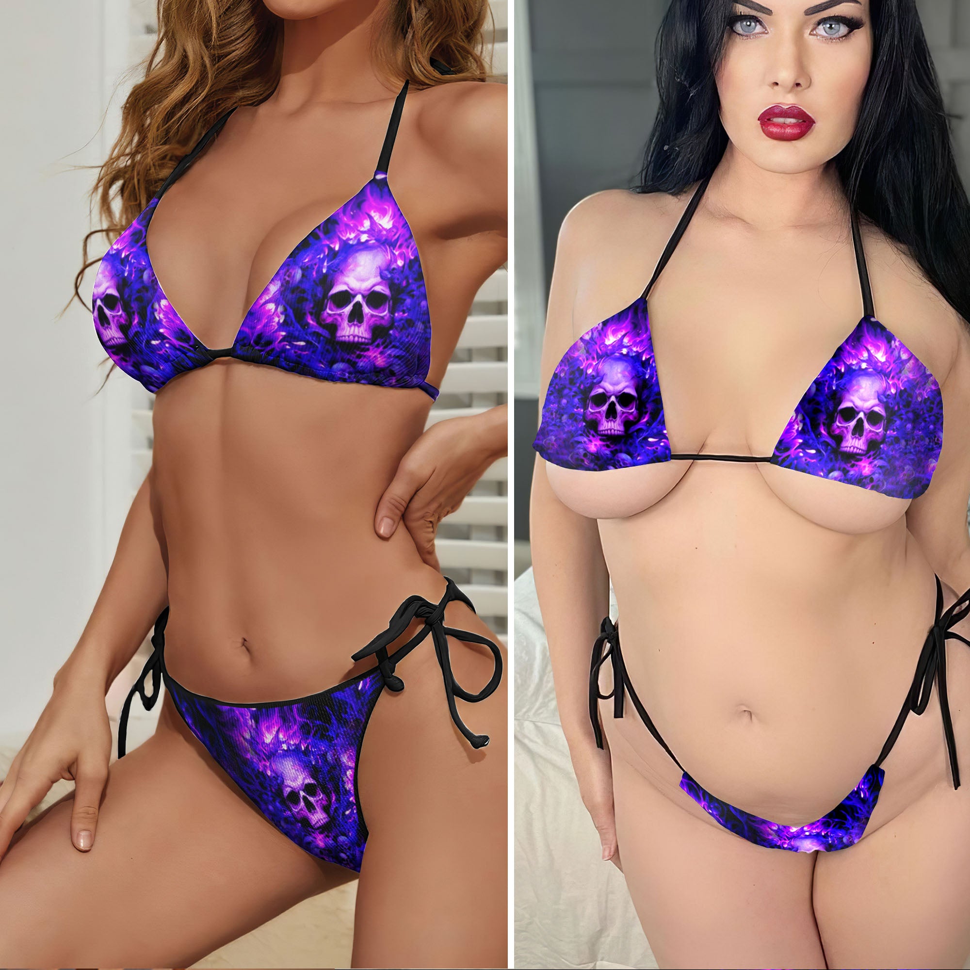 Purple Fire Skull Art Micro Triangle Bikini Swimsuit