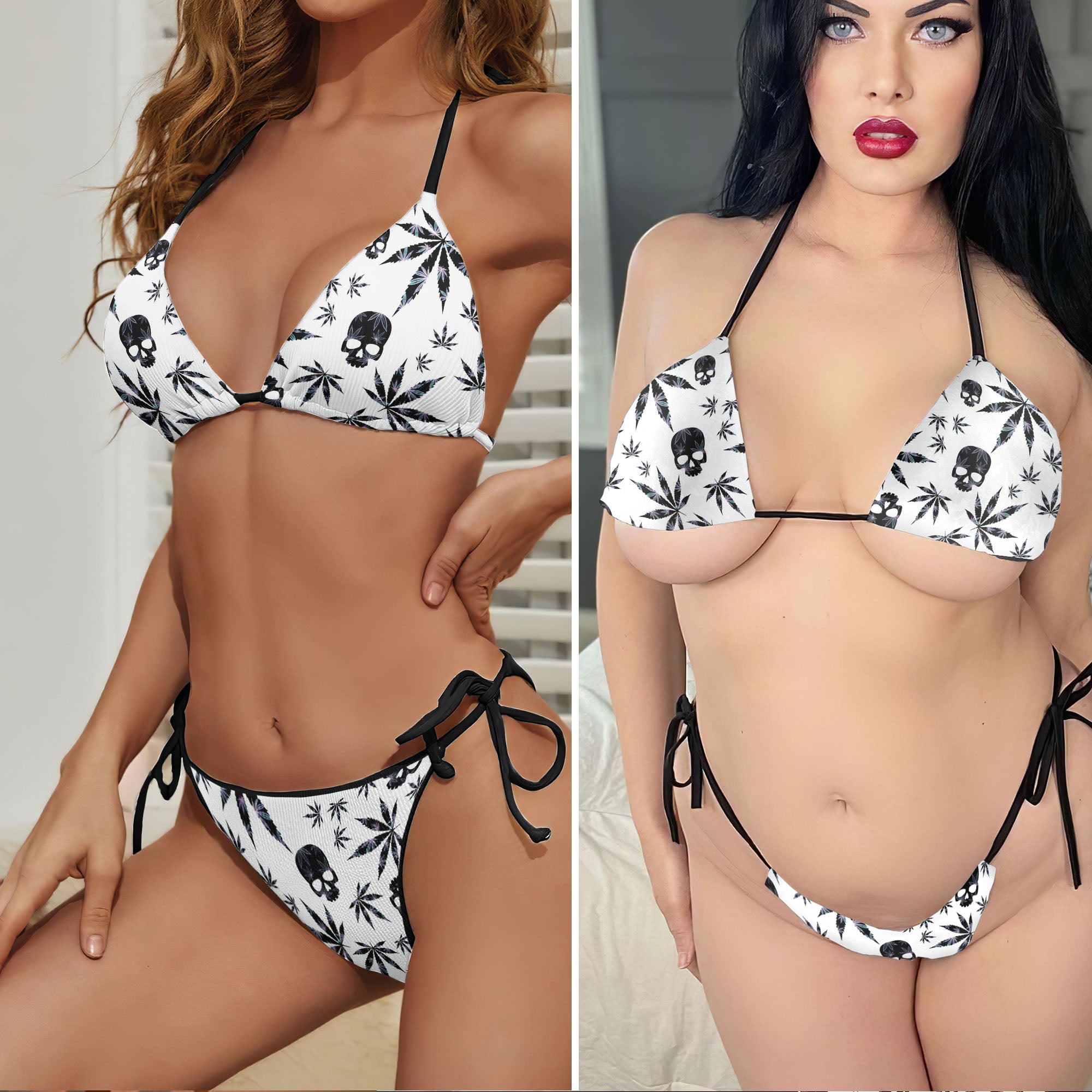Dark Leaf Skulls Pattern Micro Triangle Bikini Swimsuit