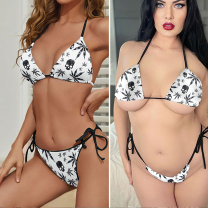 Dark Leaf Skulls Pattern Micro Triangle Bikini Swimsuit