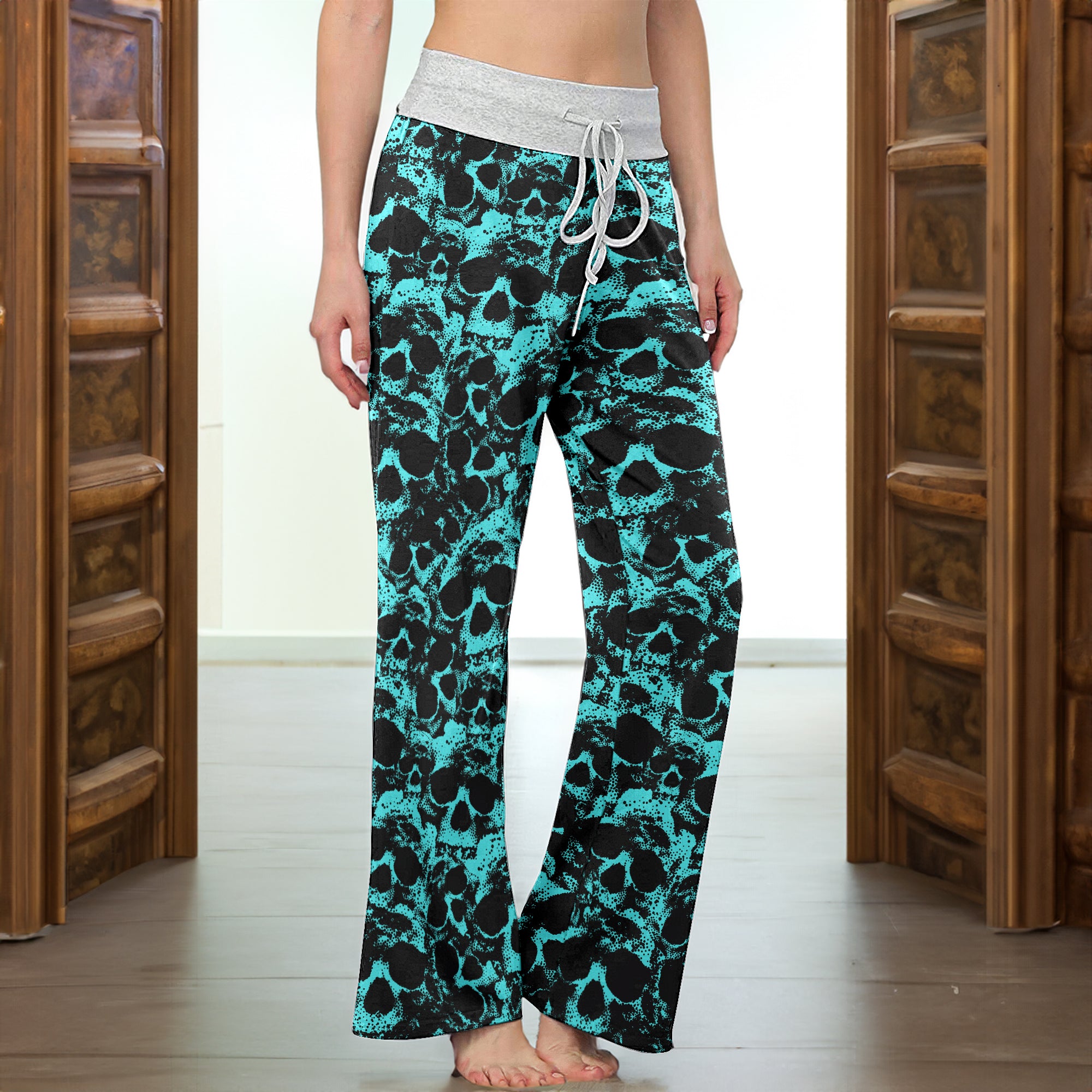 Cyan Skull Pattern Women's High-waisted Wide Leg Pants